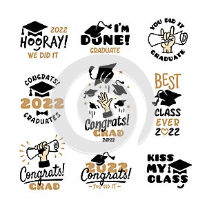 School graduation labels. Congrats 2022 academic symbols, congratulations graduated school, college, university. Retro