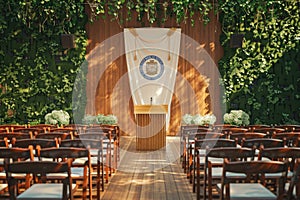 School graduation scene with wooden podium and chairs adorned with caps and diplomas