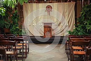 School graduation scene with wooden podium and chairs adorned with caps and diplomas