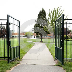 School grounds through a gate