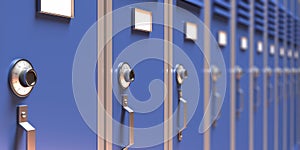 School, gym lockers, blue color closeup view. 3d illustration