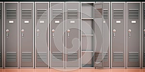 School, gym lockers, grey color, one open door. 3d illustration