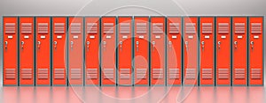 School, gym lockers, red color, grey color wall and floor background. 3d illustration