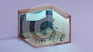 School hall decorated for graduation with floating academic caps. 3d loop, isometric view