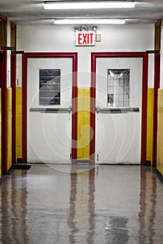 School hall with exit setting. Harlem, NYC