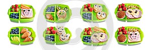 School healthy lunches with funny faces in a container on a white isolated background