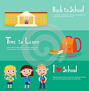 School horizontal banner set with school building, isolated scho