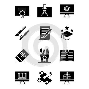 School icon set include certificate,id card,pen,study,bachelor,eraser,equipment,book,science,computer