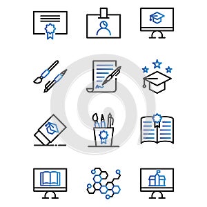 School icon set include certificate,pen,study,bachelor,eraser,equipment,book,science,computer