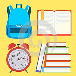 School. Icons set. Satchel, alarm clock and books Vector illustrantia