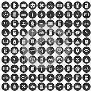 100 school icons set black circle
