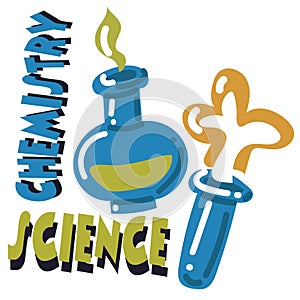 School illustration with chemical flasks and the inscription Chemistry science. Flat chemistry icon. Ideal for