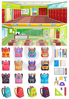 School Interior, Set of Backpacks Vector Image