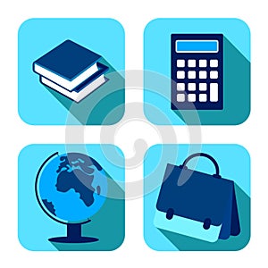 School items. Backpack, globe, calculator, books. September 1, beginning of school year. Set of square vector icons on white