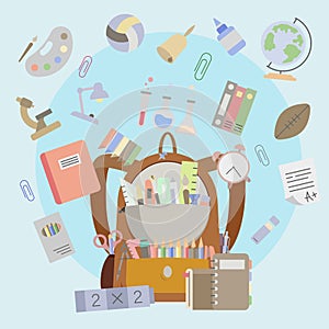 School items in a backpack. School icons. Everything you need for school