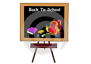 School items on a black board with text: Back to school