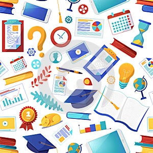 School items flat vector seamless pattern