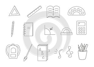 School items notebook pen ruler backpack textbook paint calculator. Vector illustration icon. Concept education of Back