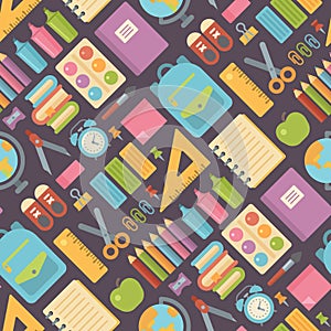 School items seamless pattern on dark background