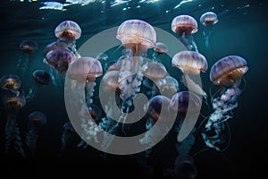 a school of jellyfish swimming in unison