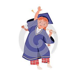 School kid in graduation gown. Happy child student graduating with diploma. Little cute girl in bachelor cap, hat. Smart