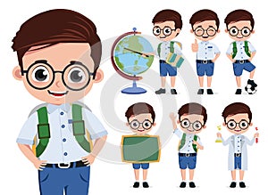 School kid student vector character set. Back to school cute boy student characters wearing eyeglasses.