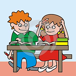 School kids, boy and girl, humorous vector picture