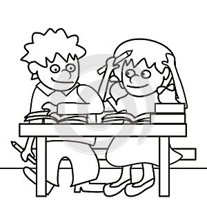 School kids, boy and girl, humorous vector picture, coloring book