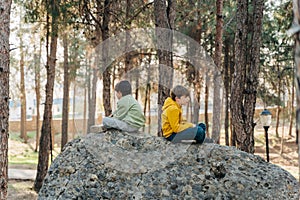 School kids boys having a conflict quarrel sitting on a rock boulder in the city forest park and turned their backs to