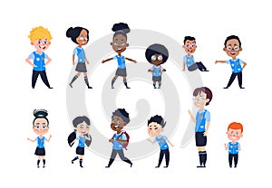 School kids. Cartoon happy children in uniform. Girls and boys pupils isolated vector characters