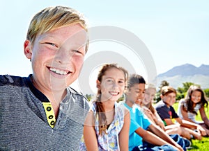 School kids, friends and portrait with smile in nature on academy trip for adventure, learning or summer. Girls, boys