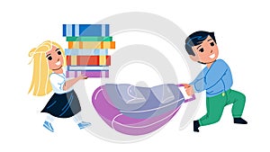 School Kids Go At Lesson With Bag And Books Vector