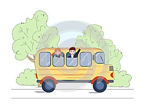 School kids riding school bus. Delivery of children by school bus. Boy and girl waving hands from bus vector