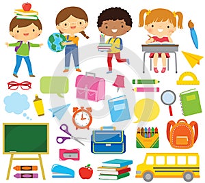 School kids and school supply clipart