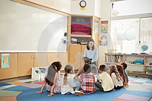 School kids sitting on the floor gathered around teacher