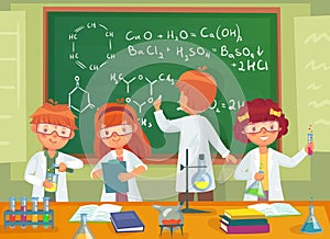 School kids study chemistry. Children pupils studying science and writing at laboratory class blackboard cartoon vector