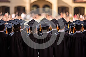 School kids on their graduation program, rear view, a group of students in graduation gowns and caps, academic graduation concept