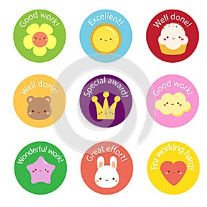School labels for teachers. Award stickers for pupils, kids