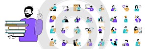 School learning concept with character situations mega set in flat web design. Bundle of scenes people studying lessons and doing