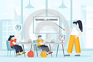 School learning concept in flat design. Pupils in lesson at classroom scene. Boy and girl studying world geography, listening to