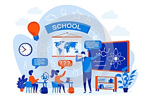 School learning web design concept with people. Pupils and teacher in classroom scene. Elementary school education composition in