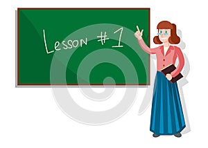 School Lesson with Teacher Pointing at Blackboard.