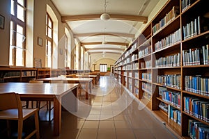 school library, with shelves full of books and students finding the perfect book for their next study session