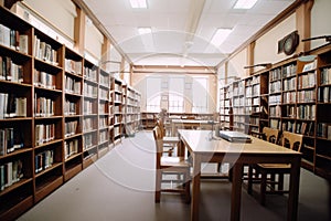 school library, with shelves full of books and students finding the perfect book for their next study session