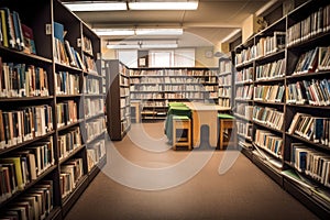 school library, with shelves full of books and students finding the perfect book for their next study session