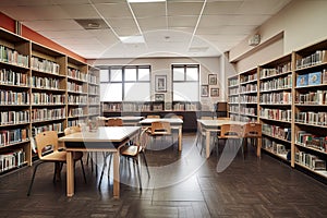 school library, with shelves full of books and students finding the perfect book for their next study session