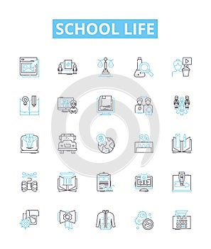 School life vector line icons set. learning, friends, education, teachers, playground, sports, knowledge illustration