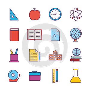School line and fill style icon set vector design