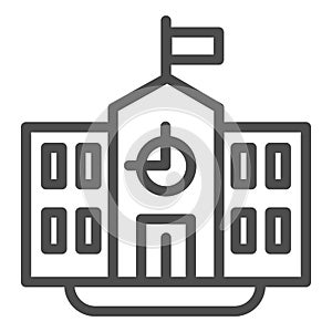 School line icon. Classic building with clock and flag. Education vector design concept, outline style pictogram on