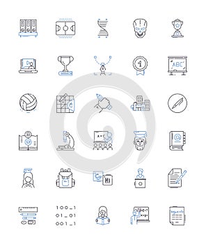 School line icons collection. Education, Learning, Curriculum, Classroom, Teacher, Student, Homework vector and linear